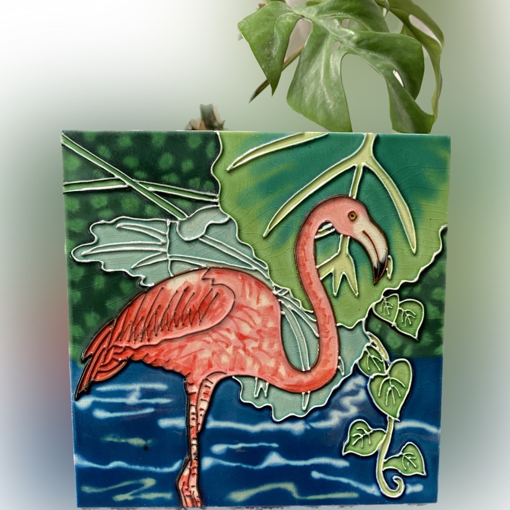 Fabulous Wood Flamingo and Poinsettia Flower Paintings,(0005)